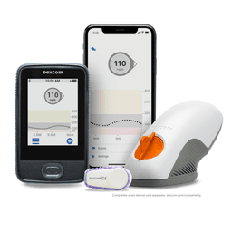 Dexcom G6 receiver, applicator, transmitter, sensor, and app display