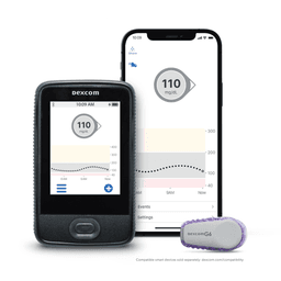 Dexcom G6 receiver, transmitter, sensor, and phone app display